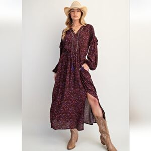 Easel Black Floral Printed Long Sleeve Maxi Dress New